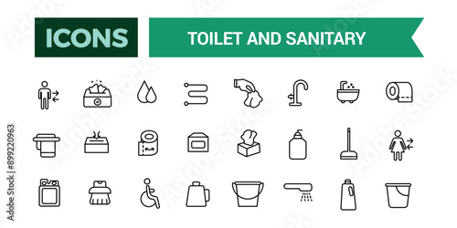 Toilet and Sanitary icons set. Outline set of toilet vector icons for ui design. Outline icons pack. Editable vector line icon set and illustration for web and UI application.