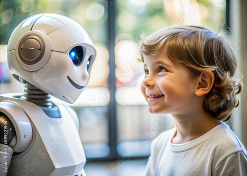 A Child smiling and looking into the robot's eyes with trust from an AI-powered robotic, harmonious connection between humans and AI-powered friends, future innovation artificial intelligence.