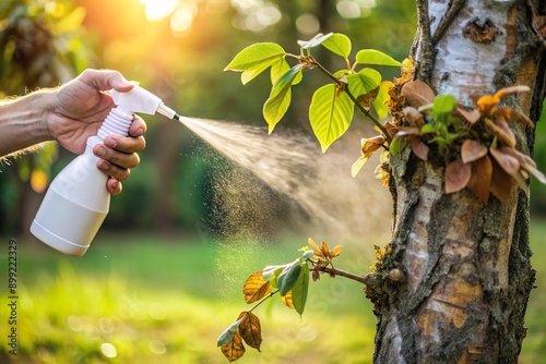 hand spray fungicide liquid on sick dying leaves on tree