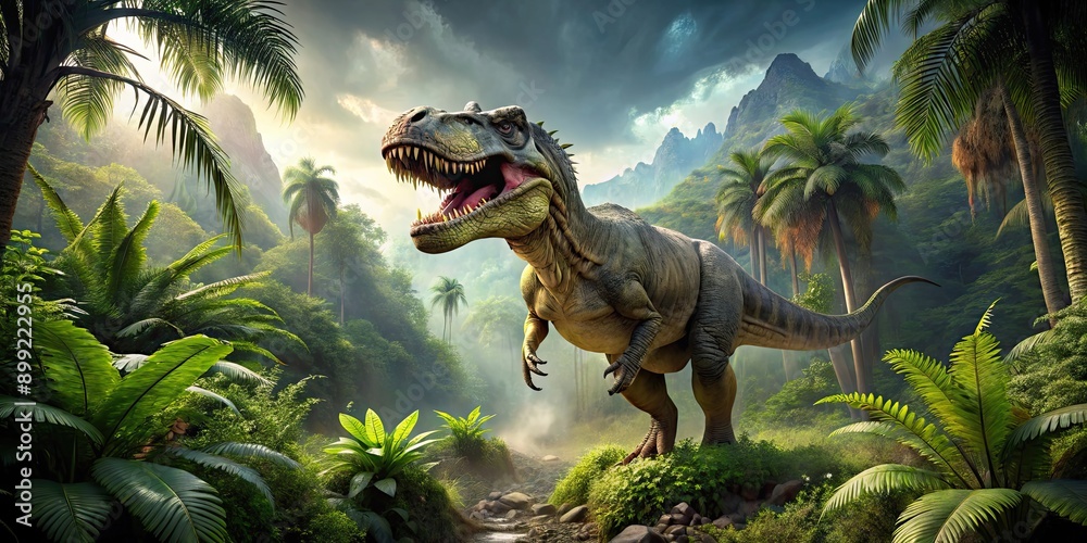 Obraz premium Panorama of a towering t-rex dinosaur in a lush prehistoric jungle, t-rex, dinosaur, prehistoric, jungle, panorama, wildlife