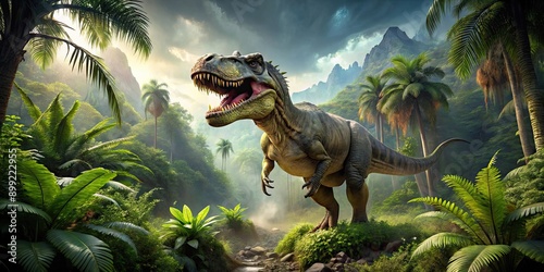 Panorama of a towering t-rex dinosaur in a lush prehistoric jungle, t-rex, dinosaur, prehistoric, jungle, panorama, wildlife photo