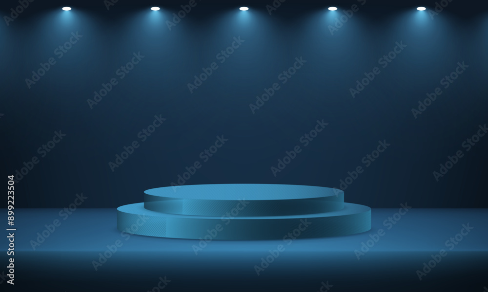 Abstract realistic 3D blue cylinder podium with spotlight effect. Blue navy background vector 3d with podium. Space for selling products on the website. Vector illustration. Abstract realistic 3D blue cylinder podium with spotlight effect. Blue navy background vector 3d with podium. Space for selling products on the website. Vector illustration.