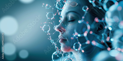 Elegant Model Presenting Collagen’s Impact on Youthful Skin Elasticity and Wrinkle Reduction with Hologram on Clean Background