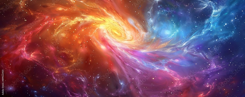 Fototapeta premium A vibrant cosmic swirl of colors, showcasing the beauty of the universe with bright stars and nebulae in deep space.