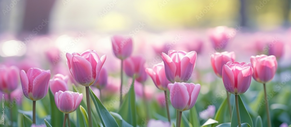 Fototapeta premium Field of Pink Tulips in Soft Sunlight