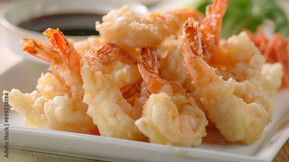 A plate of perfectly fried tempura including shrimp A plate of perfectly fried tempura including shrimp
