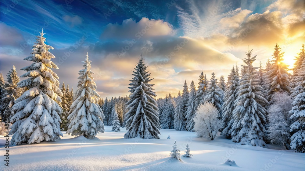 Naklejka premium Winter landscape with snow-covered trees in the forest, winter, landscape, snow, trees, forest, cold, snowy, tranquil, peaceful