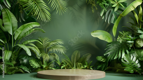 The product display stand is set against a green jungle background, adorned with foliage.