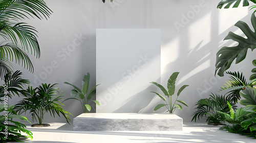 The product display stand is placed against a minimalist white background, decorated with leaves.