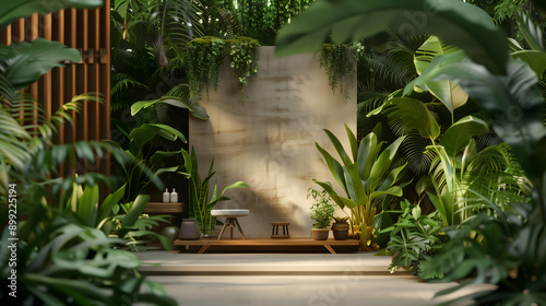 Zen-like background with a garden path surrounded by foliage and plants