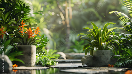 Zen-like background with a garden path surrounded by foliage and plants