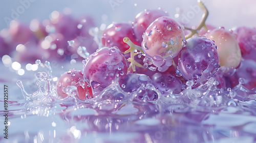 Grapes falling onto the water surface, splashing water droplets, dynamic portrayal of fruit and splashing water.