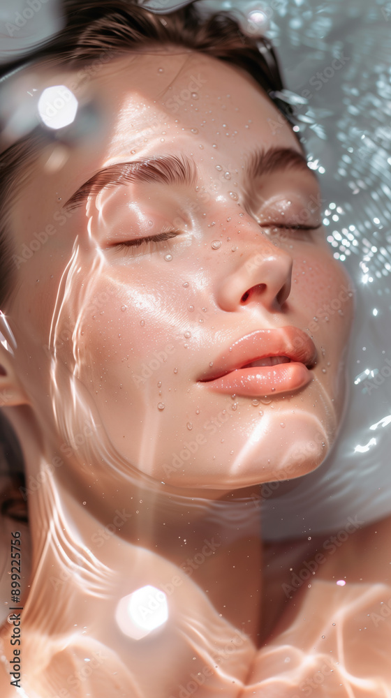 Woman with Radiant Skin Illustrating Collagen Benefits for Elasticity and Wrinkle Reduction Using Hologram on Soft Background