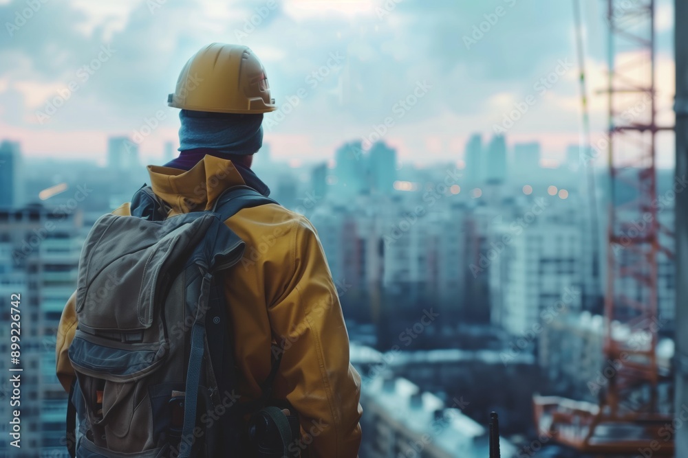 Builder man against cityscape Builder man against cityscape