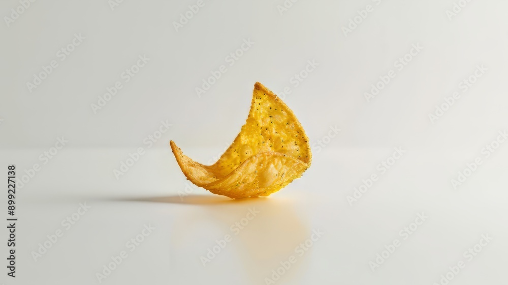 A Single, Crispy, Golden-Yellow Tortilla Chip on a White Background A Single, Crispy, Golden-Yellow Tortilla Chip on a White Background