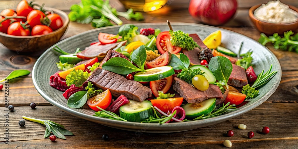 Fresh salad with raw beef strips, mixed vegetables, and herbs, salad, raw meat, beef, vegetables, herbs, fresh, healthy, meal Fresh salad with raw beef strips, mixed vegetables, and herbs, salad, raw meat, beef, vegetables, herbs, fresh, healthy, meal