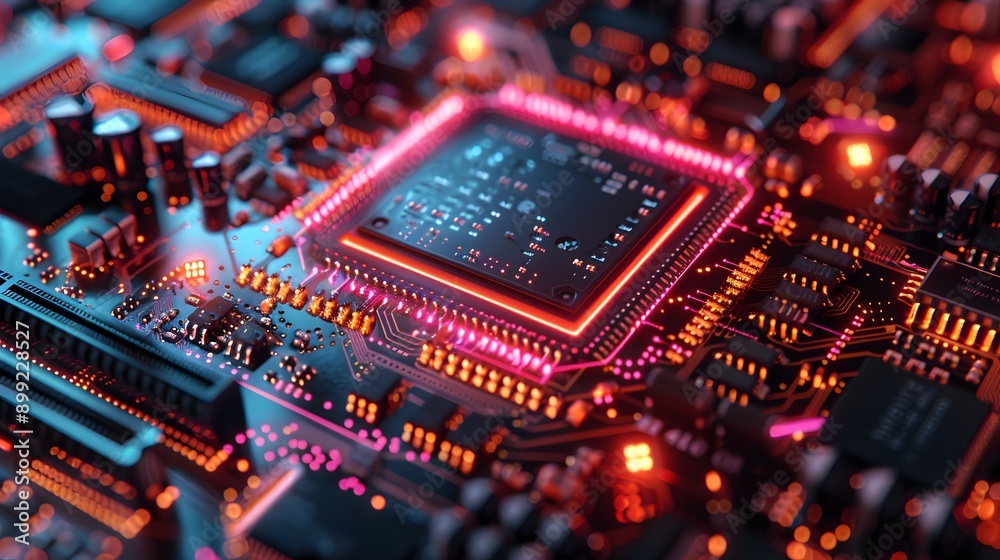 Close-up of a Computer Motherboard with Illuminated Components. Close-up of a Computer Motherboard with Illuminated Components.