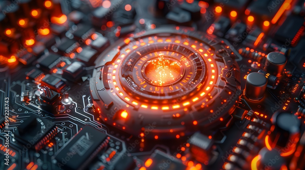 Futuristic Circuit Board with Glowing Red Lights.