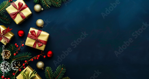 Christmas themed banner with winter and christmas decorations, copy space. Blue background and colorful details