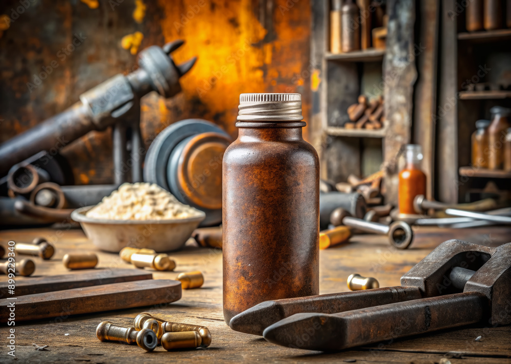 custom made wallpaper toronto digitalA scattered toolbox and rusty machinery surround a solitary multivitamin bottle on a workbench, highlighting the often-overlooked importance of self-care in physically demanding professions.