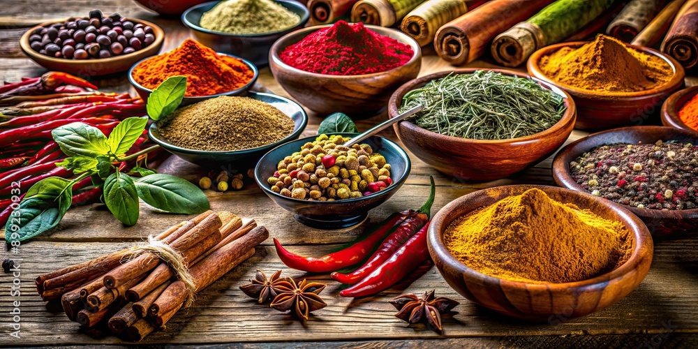 Fototapeta premium A close-up photo of various vibrant spices on a rustic wooden table, spices, cooking, ingredients, flavor, culinary, food