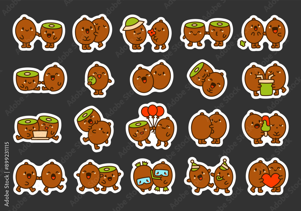 Obraz premium Funny couple kiwi cartoon characters. Sticker Bookmark. Cute food friends. Hand drawn style. Vector drawing. Collection of design elements.