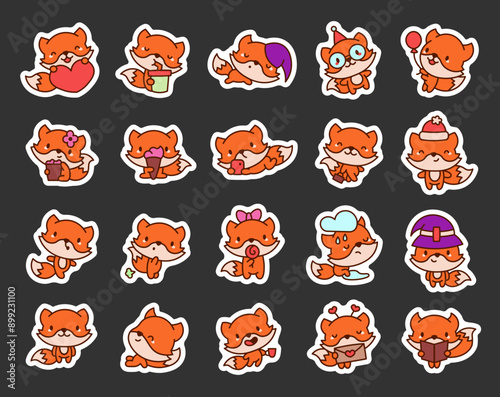 Cute kawaii fox with funny face. Sticker Bookmark. Adorable cartoon animal character. Hand drawn style. Vector drawing. Collection of design elements.