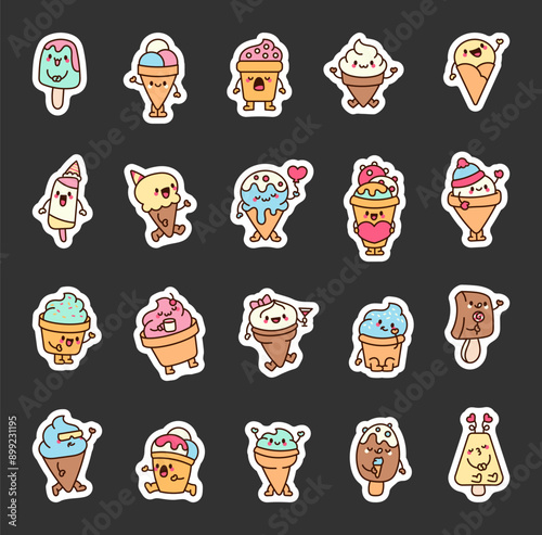 Cute kawaii ice cream character. Sticker Bookmark. Funny cartoon dessert with a sweet face. Hand drawn style. Vector drawing. Collection of design elements.