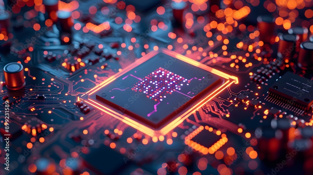 Glowing CPU on a Motherboard. Glowing CPU on a Motherboard.