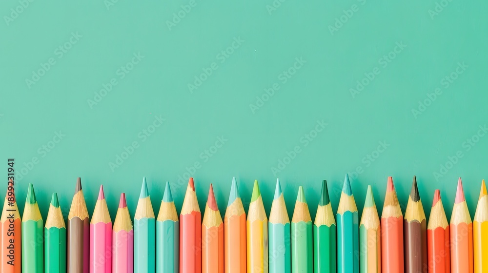 Row of Colorful Pencils on a Teal Background. Row of Colorful Pencils on a Teal Background.