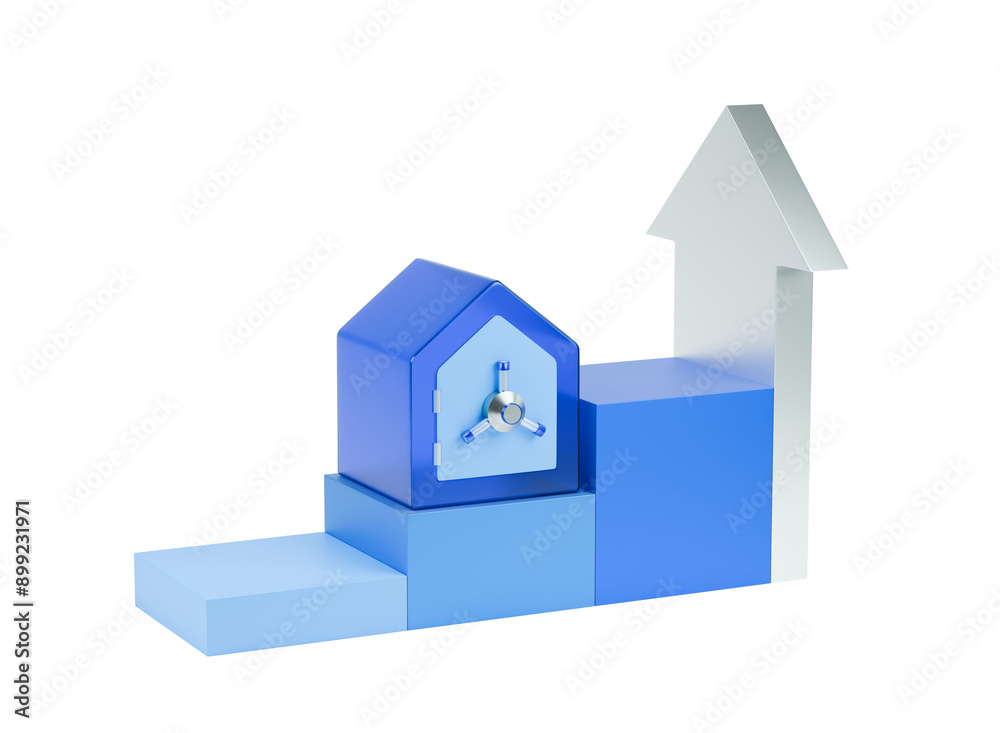Safe box 3d icon with financial growth chart Safe box 3d icon with financial growth chart