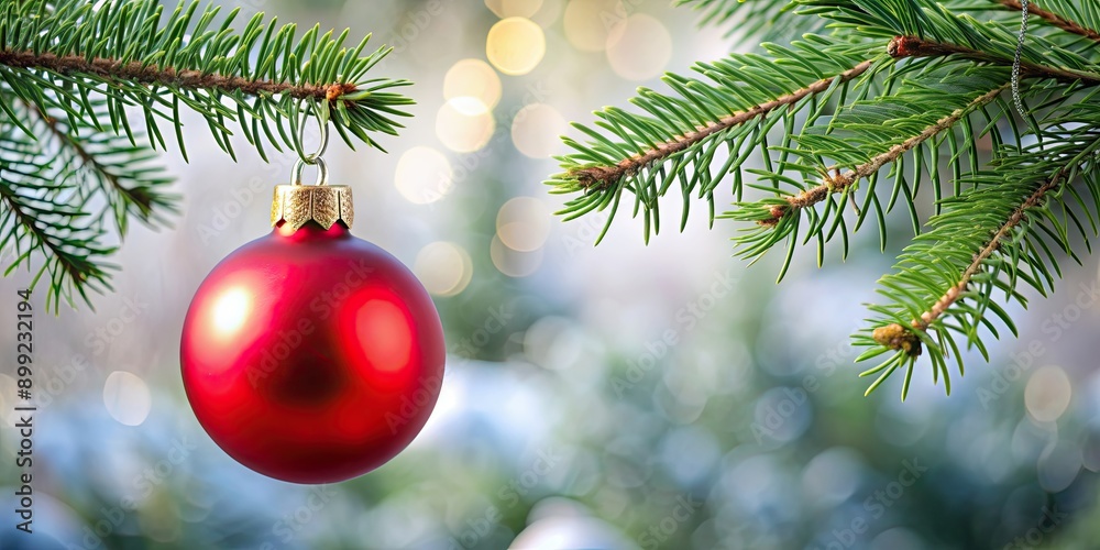 Red christmas ball hanging on a pine branch, ornament, holiday, decoration, festive, traditional, winter, shiny, celebration Red christmas ball hanging on a pine branch, ornament, holiday, decoration, festive, traditional, winter, shiny, celebration