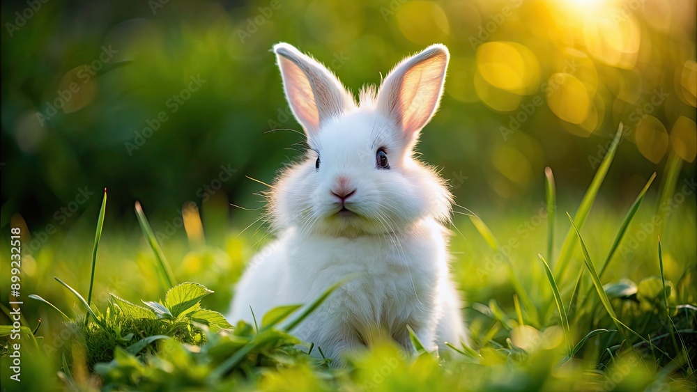 Obraz premium A close-up image of a fluffy white rabbit sitting in a grassy field, rabbit, fluffy, white, animal, cute, soft, furry, mammal