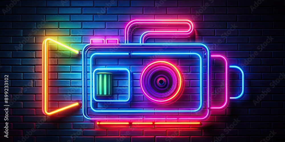 Fototapeta premium Neon effect video camera with vibrant colors and glowing lights, neon, video camera, vibrant, colors, lights
