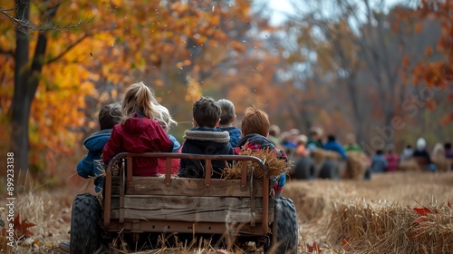 Children ride a hay wagon through a fall foliage scene.