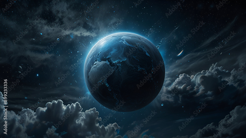 Obraz premium The planet in rain drops mist midnight background.