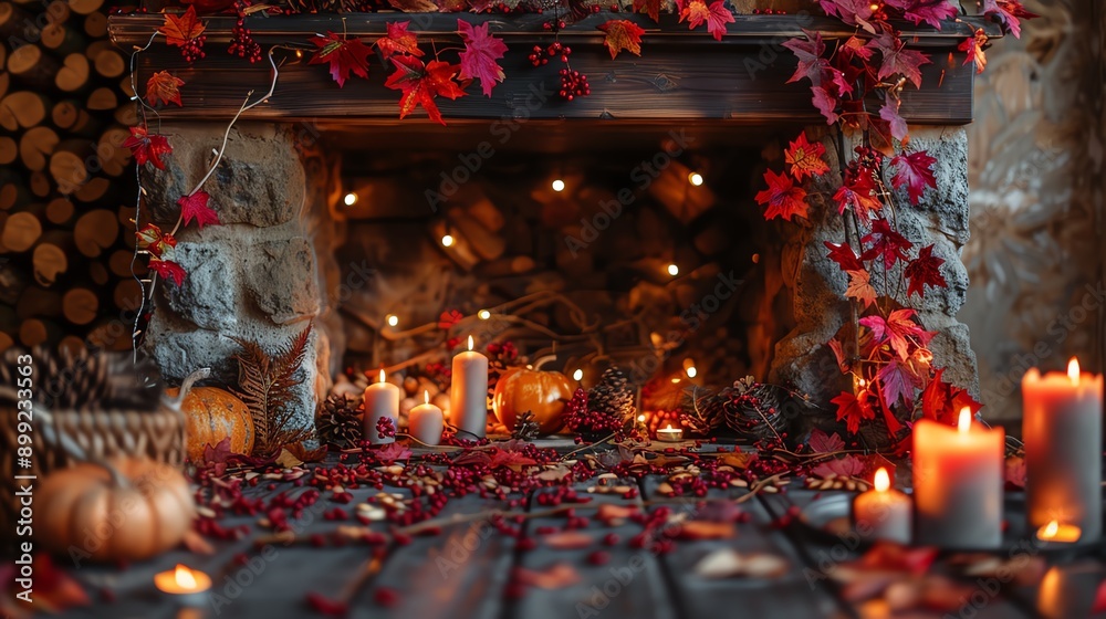 Cozy autumn fireplace with candles, pumpkins, and fall foliage. Perfect for a warm and inviting ambiance. Cozy autumn fireplace with candles, pumpkins, and fall foliage. Perfect for a warm and inviting ambiance.