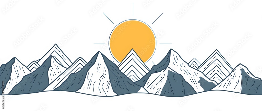 A yellow sun is setting behind the mountains in a simple line drawing illustration using vector lines on a white background in a minimalist style. White space is on top of the mountain with simple lin A yellow sun is setting behind the mountains in a simple line drawing illustration using vector lines on a white background in a minimalist style. White space is on top of the mountain with simple lin