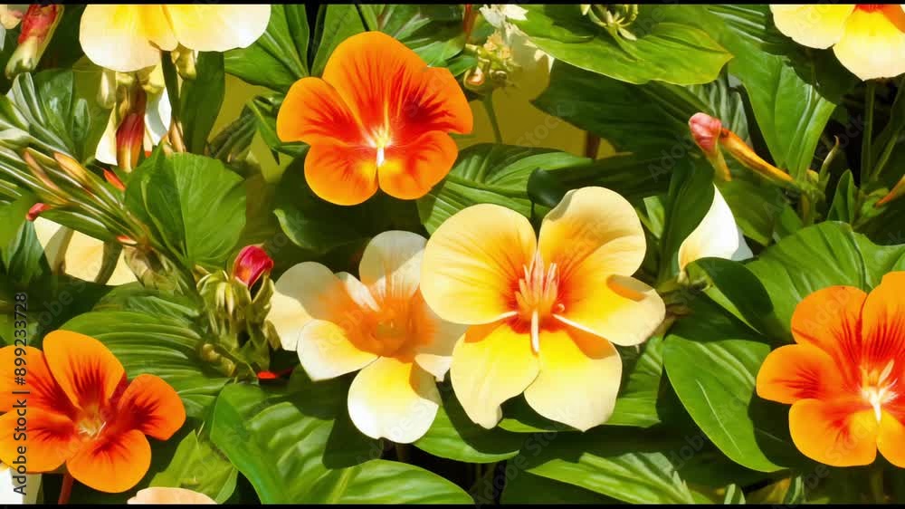 Vibrant Orange and Yellow Pansies Blooming in Springtime Garden. Vibrant Orange and Yellow Pansies Blooming in Springtime Garden.