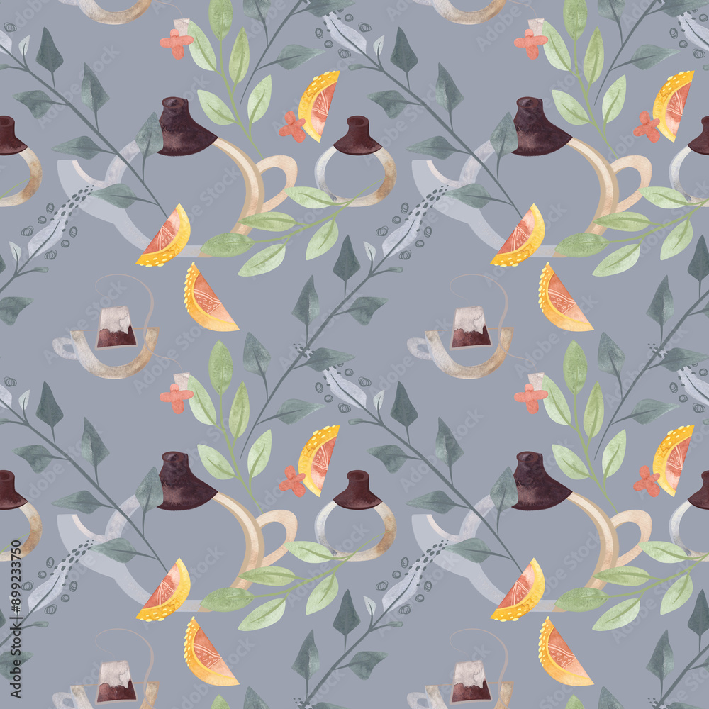 Fototapeta premium Herb tea. Melissa, mint, glassware, leaves and lemon slices. Seamless watercolor pattern for fabric, wallpaper, wrapping paper, packaging cosmetics, tablecloths, curtains and home textiles.