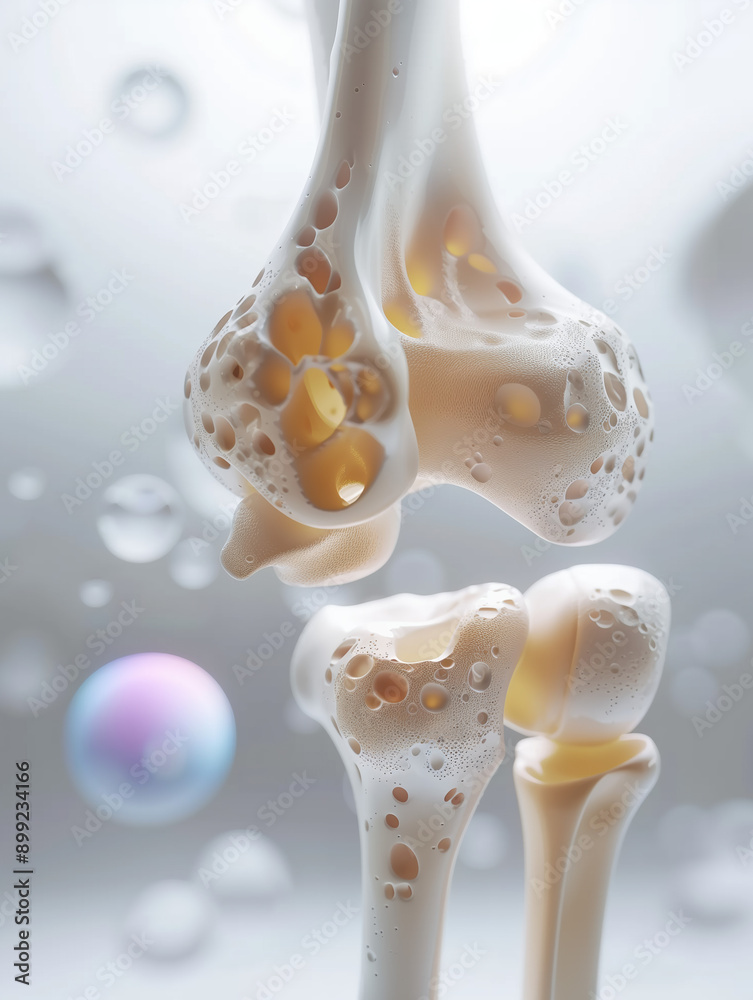 Naklejka premium Detailed 3D Rendering of a Healthy Human Knee Joint Featuring Calcium and Vitamins Supplementation in a Clean, Soft Background