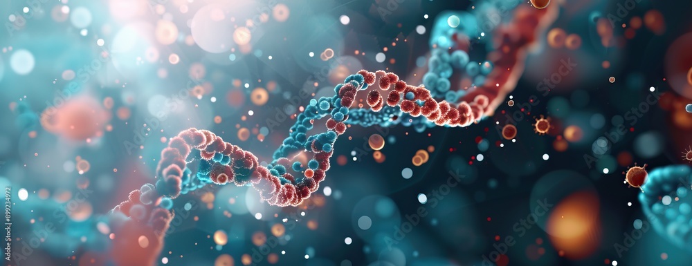 A colorful DNA strand with red, blue, and green sections by AI generated image
