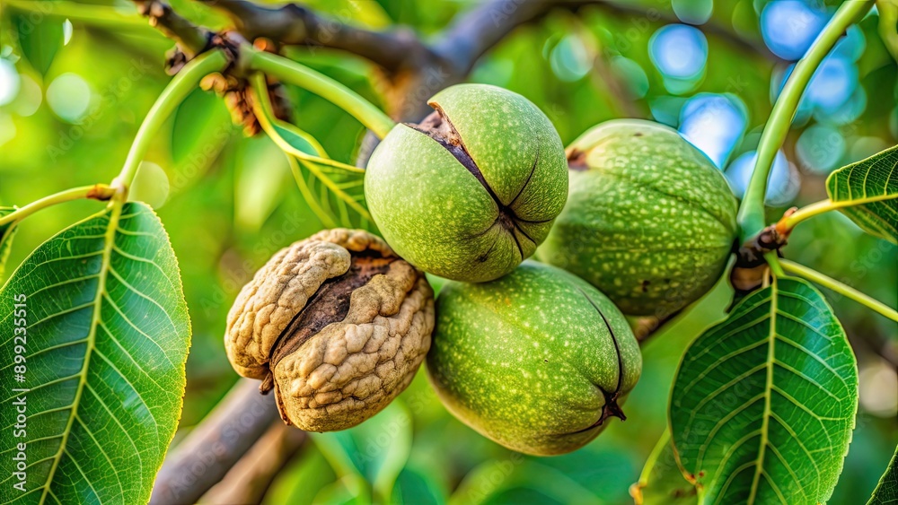Obraz premium Close-up of green cracked walnuts on tree branch, walnuts, green, cracked, tree, branch, close-up, nature, organic, fresh