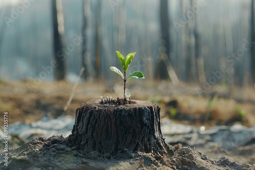 ai generative sprouts growing on tree stumps in damaged forests