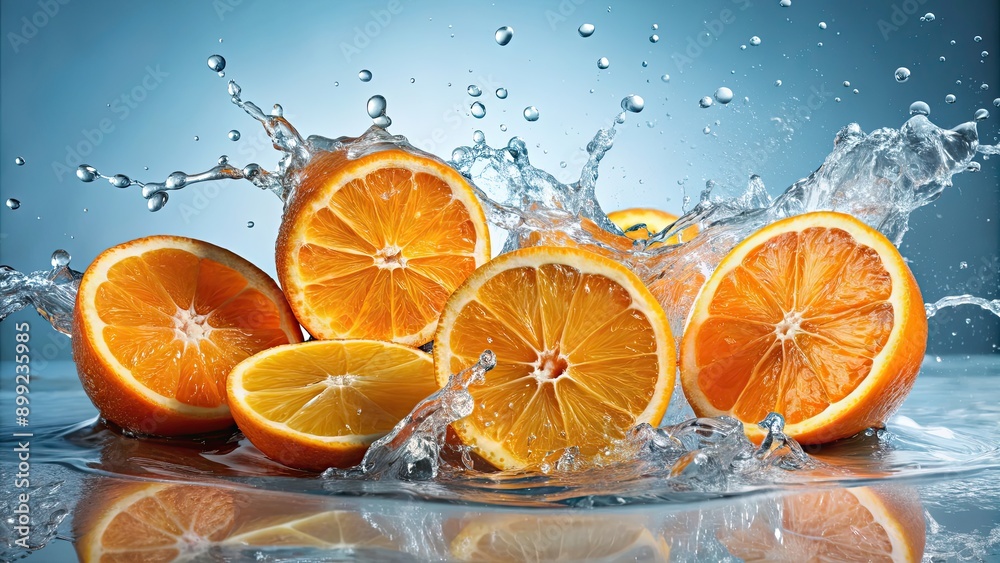 Sliced oranges splashing in water , fresh, citrus, fruit, healthy, vibrant, refreshing, summertime, juice Sliced oranges splashing in water , fresh, citrus, fruit, healthy, vibrant, refreshing, summertime, juice