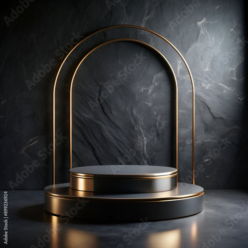 Elegant black stand or podium, scene with black stone and black background. Beautiful black background with place for the product. Elegant dark background.