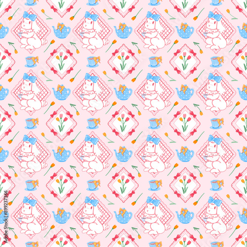 Vector Seamless Whimsical Rabbit Tea Party Pastel Pattern