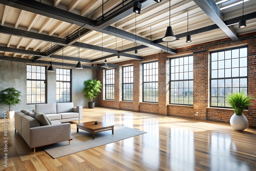 Modern Loft Interior Design with Exposed Brick Walls and Large Windows. Modern Loft Interior Design with Exposed Brick Walls and Large Windows.