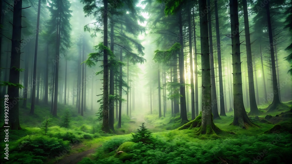 Fototapeta premium Mysterious Foggy Forest Path.