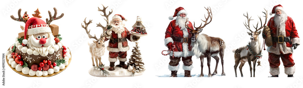 Santa Claus with reindeer at Christmas celebration White Background, PNG Santa Claus with reindeer at Christmas celebration White Background, PNG